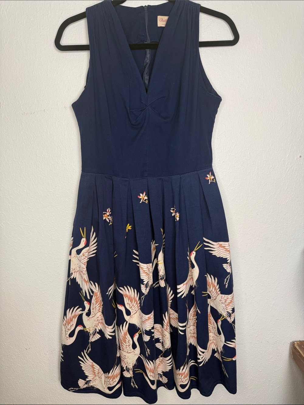 Sleeveless Navy Crane-Print Fit & Flare Midi Dress